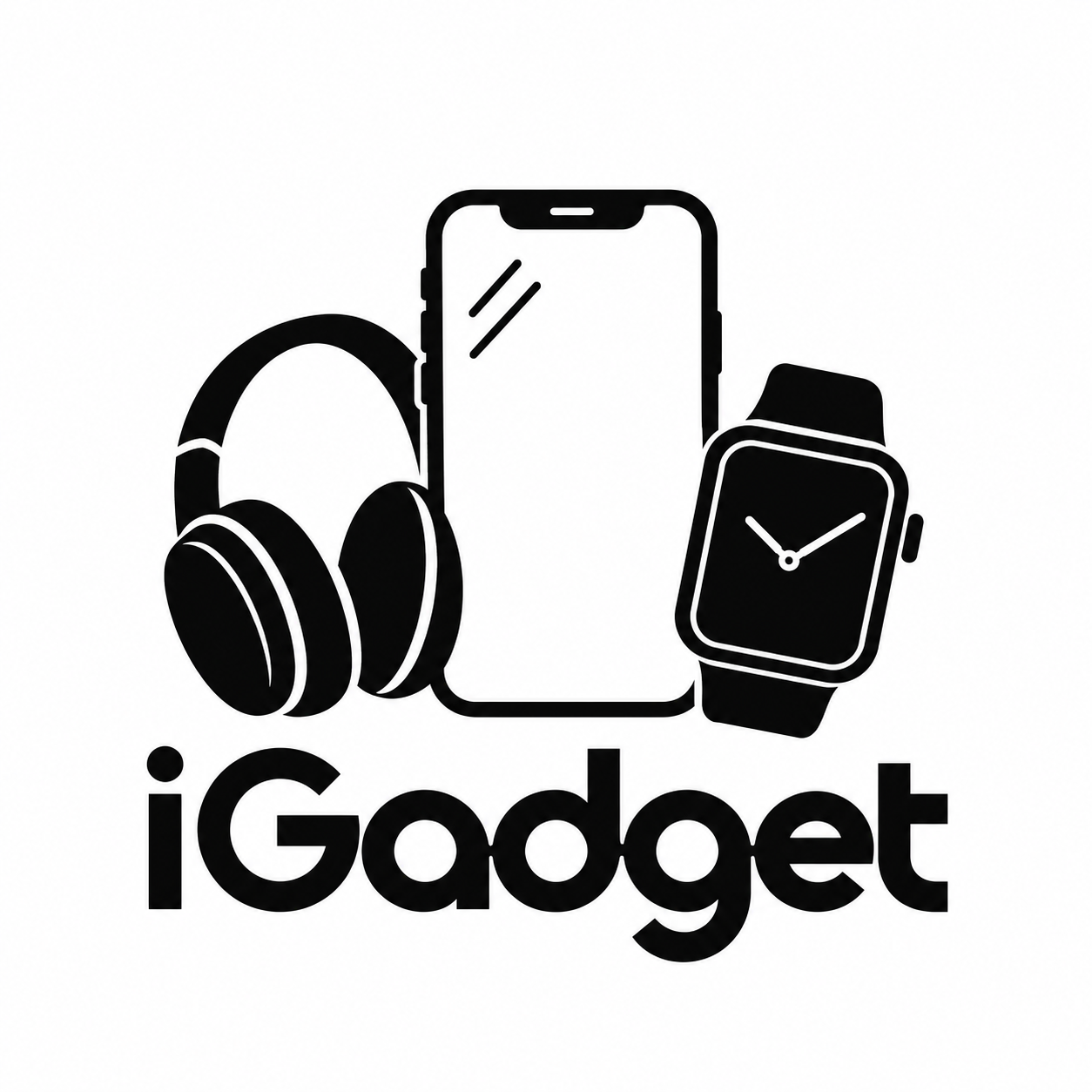 iGadget black and white logo featuring a smartphone, headphones and smartwatch, representing a tech and mobile accessories store at Promenade Shopping Centre in Mbombela.
